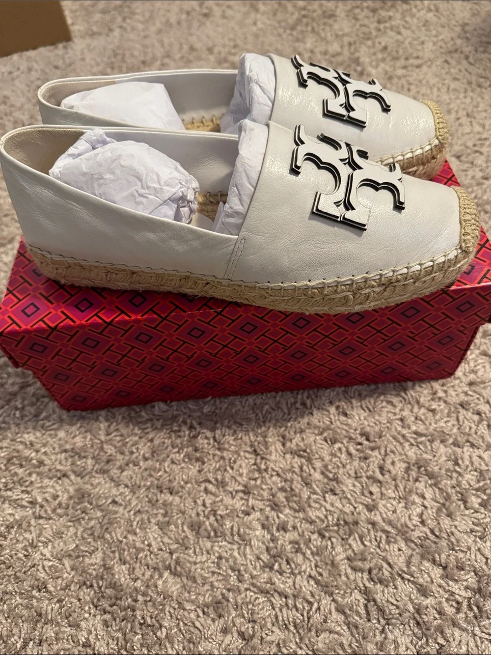 Tory Burch White Leather Logo Espadrille Slip-Ons